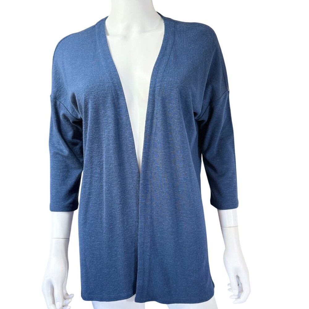 Pure Jill Cardigan Womens XS Indigo Blue Tencel Linen Blend Open Front